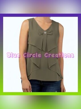 Boutiqua Brand Top Olive Green Sleeveless Blouse Ruffles and Rhinestones Small